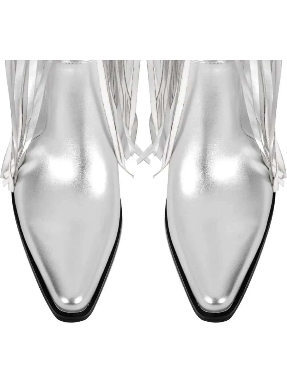 Women's Silver Pointed Toe Fringe Wide Calf Cowgirl Over The Knee High Boots
